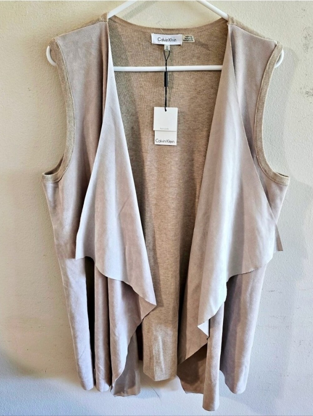 Calvin Klein Faux Suede Drape Vest Womens XL Beige Sleeveless Open Front NWT Top